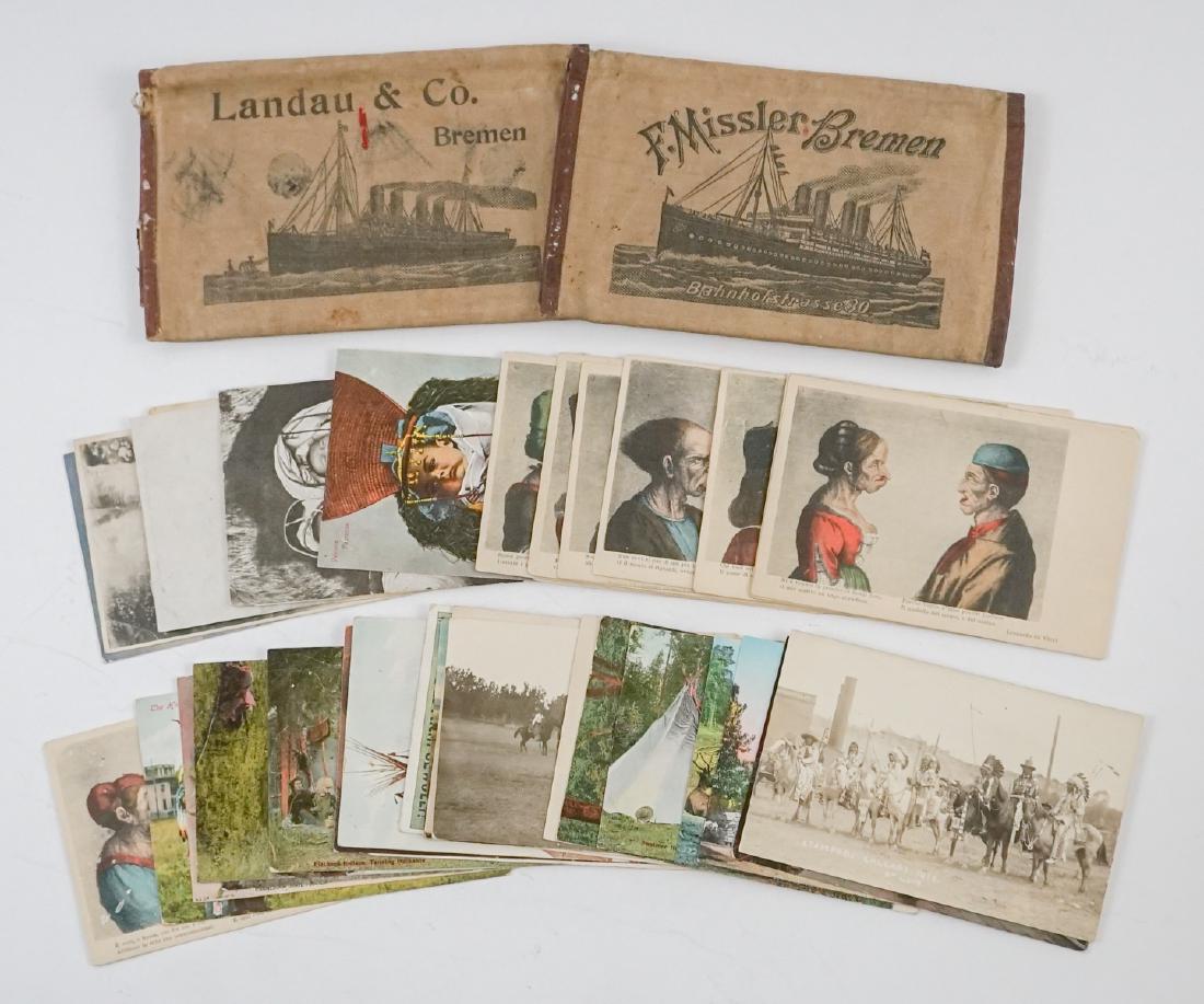 Native American Postcards, Passport Cases: A nice lot including Native American and First Nations postcards [36 qty] with two rare passport cases. A RPPC of the First Nations members at the Calgary Stampede. We ship most items from this auctio