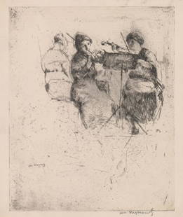 William Meyerowitz Etching: William Meyerowitz original pencil signed etching. Signed in pencil lower right. Titled "The Trio" on Summit Gallery, Ltd. label. Measures 12.25" x 9.75" (sheet size). Overall excellent condition with