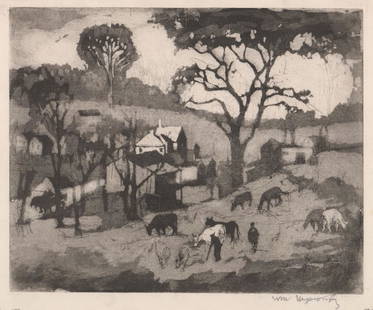 William Meyerowitz Etching: William Meyerowitz original pencil signed etching. Signed in pencil lower right. Titled in pencil "The Farm" lower left. Measures 9 1/4" x 11 3/8" (sheet size). Overall good condition with one punctur