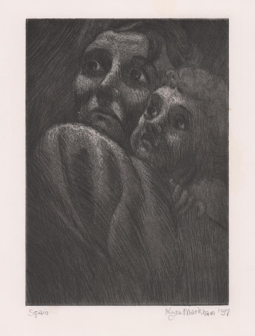 Kyra Markham Aquatint: Kyra Markham original pencil signed aquatint. Signed and dated in pencil "Kyra Markham '37" lower right. Titled "Spain" in pencil lower left. Measures 7" x 5" (plate size) and 10 3/8" x 7 1/8" (sheet