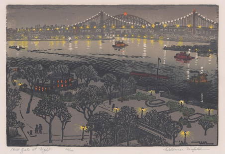 Woldemar Neufeld (1909 - 2002) Woodcut: Woldemar Neufeld original pencil signed woodcut. Signed in pencil "Woldemar Neufeld" lower right. Numbered in pencil "60/100" lower left and titled in pencil "Hell Gate at Night" lower left as well. M