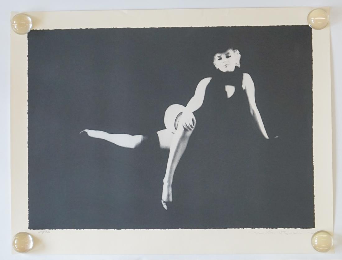 Milton Greene Photolithograph of Marilyn Monroe: Milton Greene photolithograph of Marilyn Monroe. Signed in pencil "Milton H. Greene" lower right. Numbered in pencil "299/300" lower left. Excellent condition. Measures 46" x 35". Unframed, loose and 