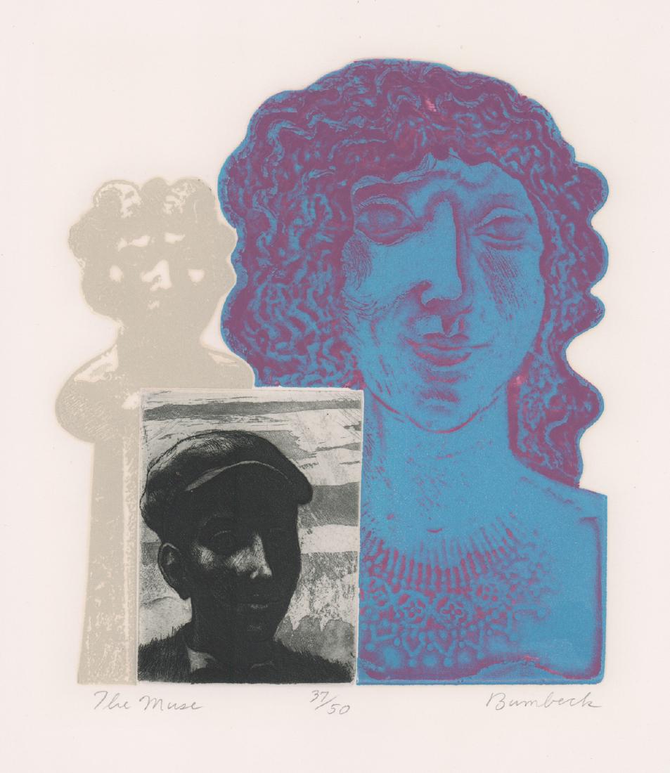 David Bumbeck Etching: David Bumbeck original signed etching. Signed in pencil lower right. Numbered and titled in pencil "The Muse, 37/50" lower left. Measures 13" x 11.5" sheet size. Near mint condition. Unframed, loose a