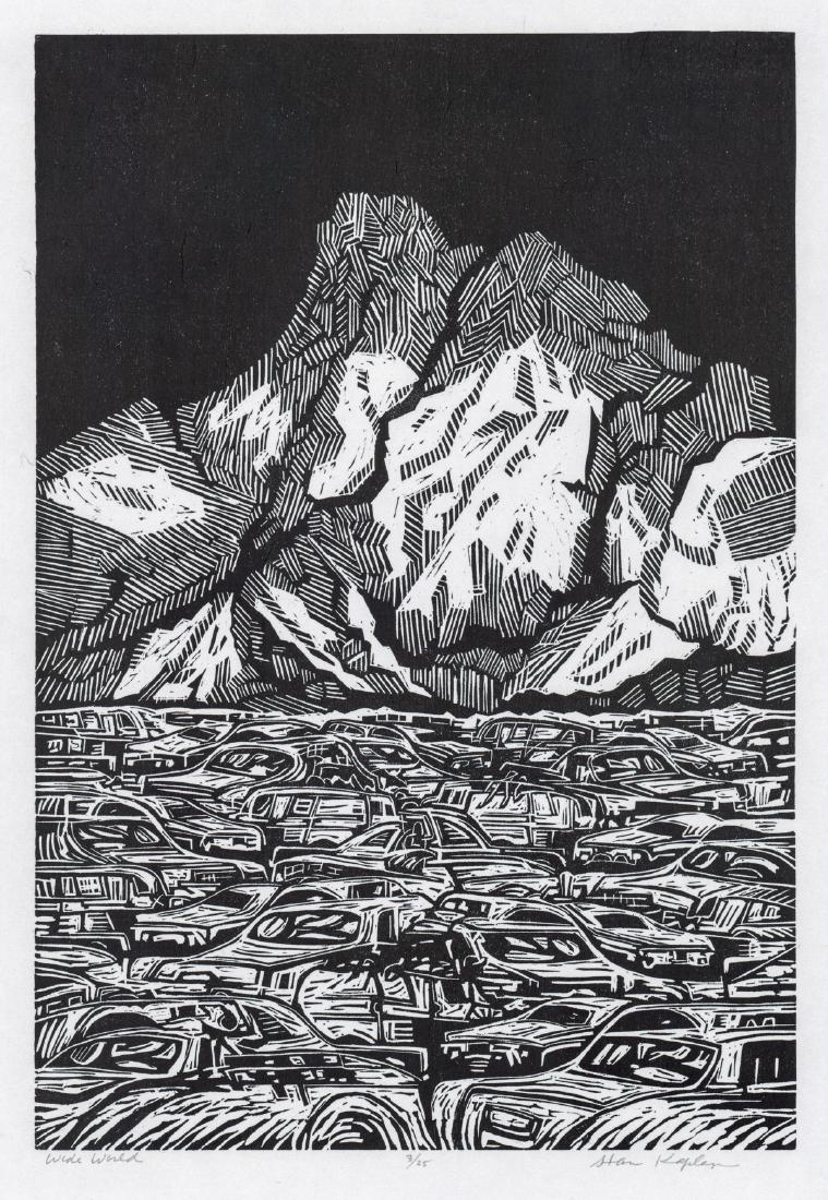 Stan Kaplan Linocut: Stan Kaplan original signed woodcut. Signed in pencil "Stan Kaplan" lower right. Titled in pencil "Wide World" lower left. Numbered "3/25" in pencil lower center. Measures 21" x 14.5" sheet size. Ex+/