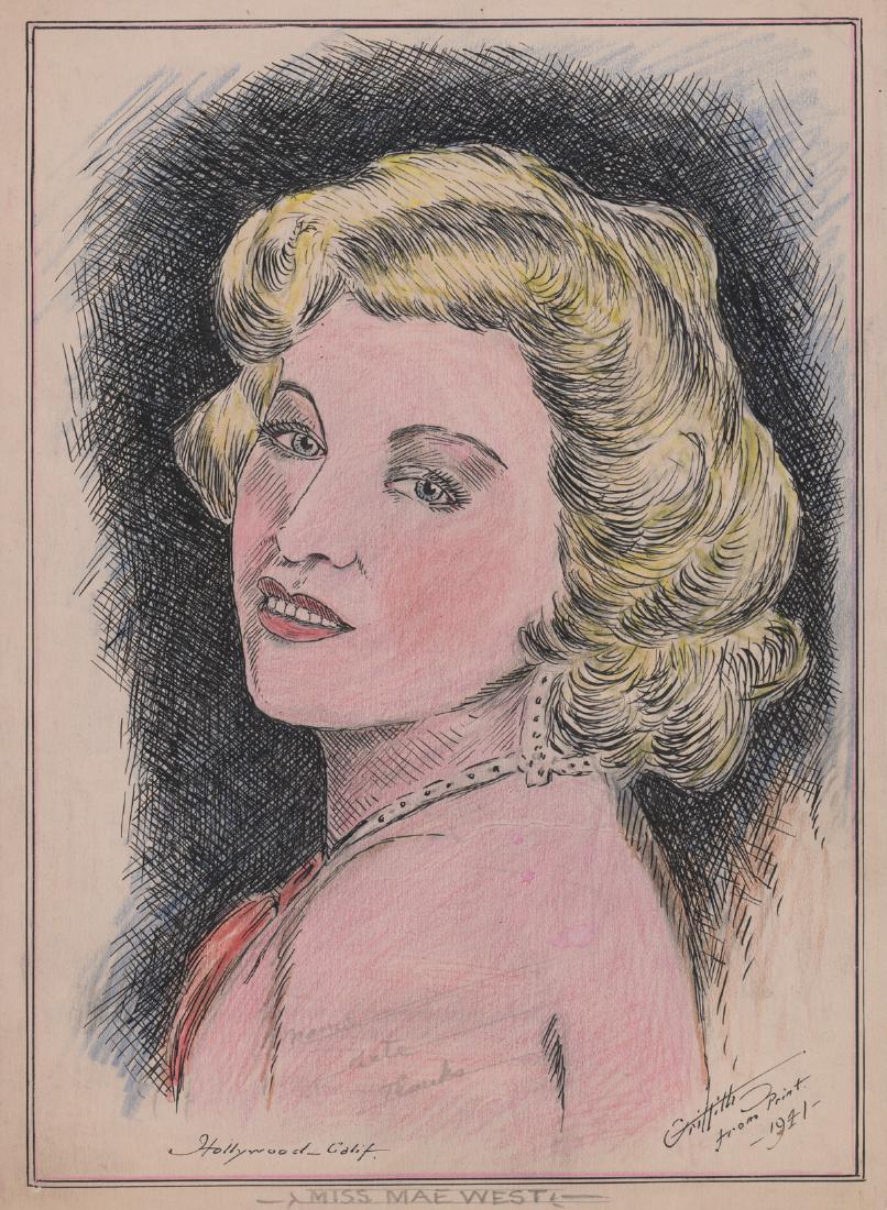 Original Drawing of Mae West by Griffith: An original drawing of Mae West by Griffith of Hollywood. Measures 11.25" x 8.25". Excellent condition. We ship most items in-house with the exception of furniture, large or heavy artwork, heavier ite