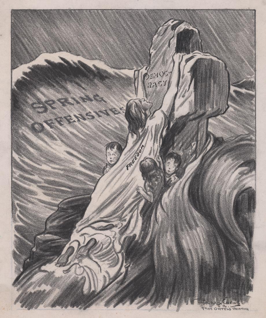 Burris Jenkins Original Political Cartoon: Burris Jenkins signed original political cartoon. Titled "their Strength and Their Shelter". Measures 15 1/2" x 11 3/8" sheet size. Good to very condition with some light foxing lower left. Unframed, 