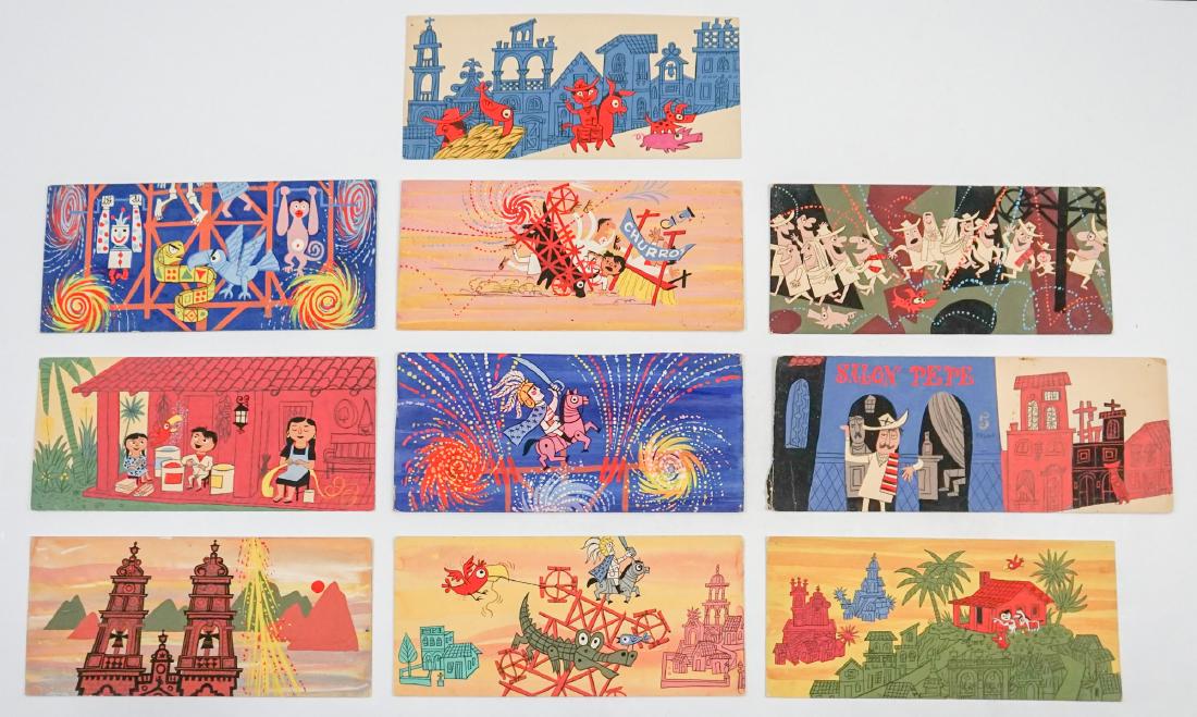 Group of Latin Illustration Art: A group of ten pieces of Latin illustration art that appear to be from the same publication or character. They measure 4 1/2" x 11 3/8" to 4 1/2" x 10". All are original gouache on artist's board. Unf