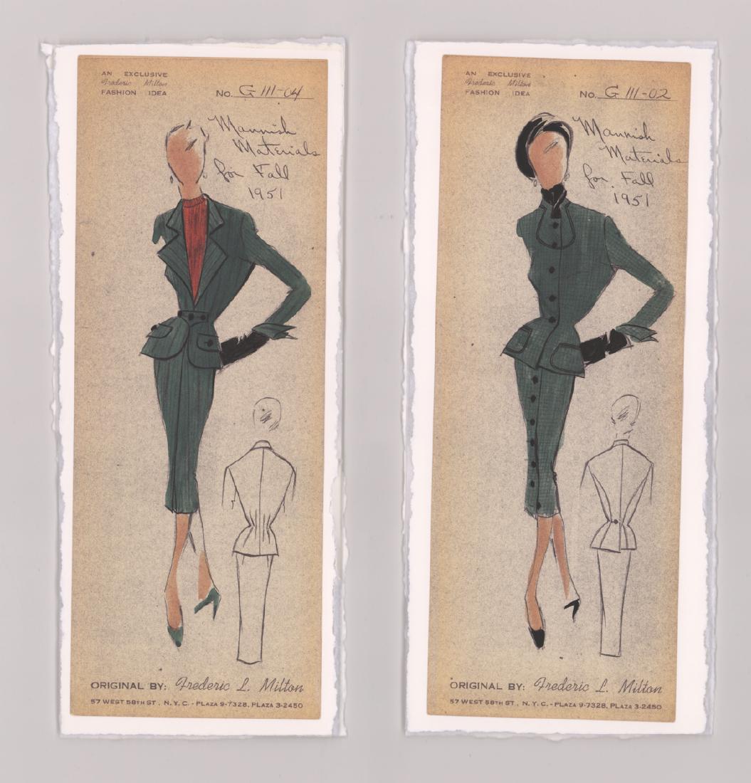 Two Frederic Milton Fashion Ideas: Two Frederick Milton original Fashion Ideas. They measure 10 7/8" x 4 1/8". Both are unframed, very good condition and tipped to foam core board along top edge only. Provenance: Amity Art Foundation,