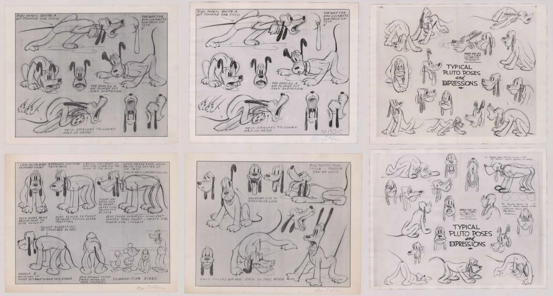 Disney Model Sheets of Pluto: Six Walt Disney Studio animators model sheet prints of Pluto, from the personal collection of Disney Animator Ted Bonnicksen. Model sheets were used by the animators as a reference during the producti