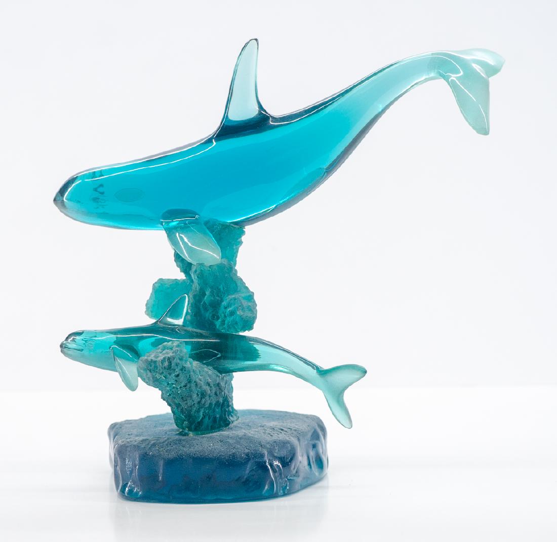 Robert Wyland Acrylic Whale Sculpture: Robert Wyland signed and dated acrylic dolphin sculpture. Measures 9" x 9.75" x 5.5". Signed and dated "Wyland 1990" on edge of base. Excellent condition. We ship most items in this auction in house a