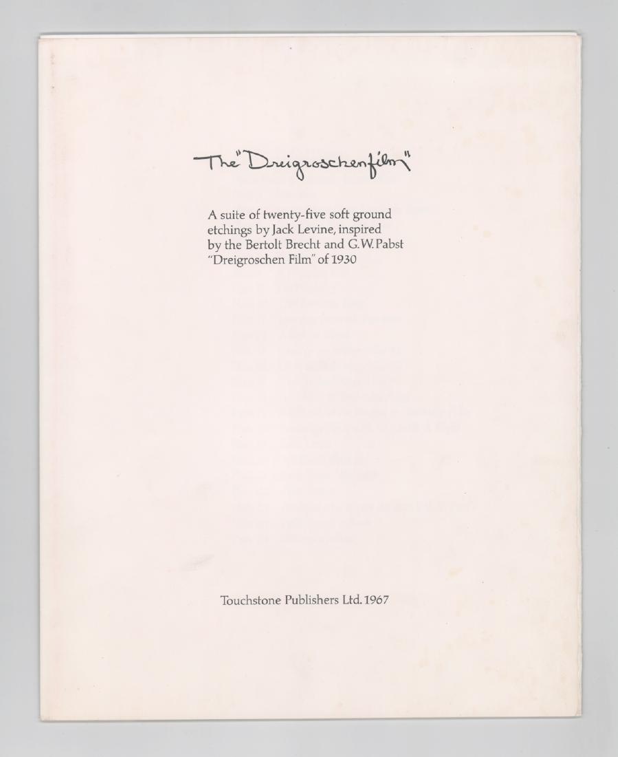 The "Dreigroschenfilm" by Jack Levine(incomplete): The "Dreigroschenfilm" A suite of twenty-five soft ground etchings by Jack Levine. Missing plates: 7, 8, 9, 12, 17, 21, 22 & 24. Touchstone Publishers Ltd. 1967. Clamshell portfolio. 19" x 15" x 1.5".