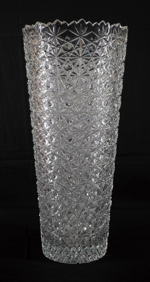 Cut Crystal Umbrella Stand: Cut crystal umbrella stand. Measures 15 5/8" x 9". No damage. We ship most items in this auction in house and gladly combine shipping if possible of multiple items.