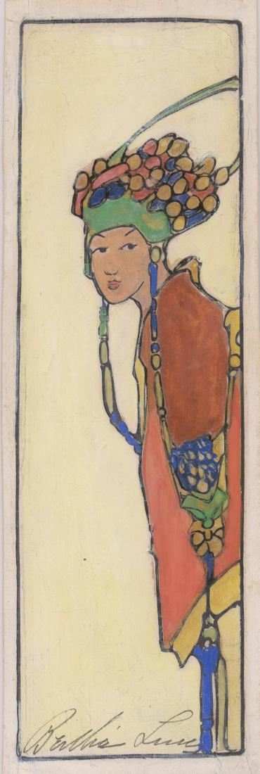 Bertha Lum Color Woodcut: Bertha Lum original signed color woodblock. Signed in pencil "Bertha Lum" lower. Measures 11 1/4" x 3 5/8" sheet size. Good to very good condition with foxing on verso. Unframed, loose and not glued o