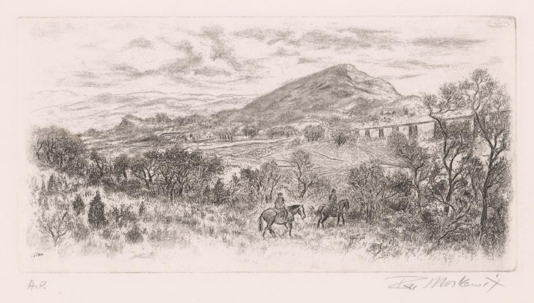 Ira Moskowitz, Artists Proof Etching: Ira Moskowitz original Artist's Proof etching. Signed in pencil lower right. A.P. for Artist's Proof in pencil is written lower left. Approximate image size 6" x 11 7/8" and sheet size 9" x 15". Ex+/N