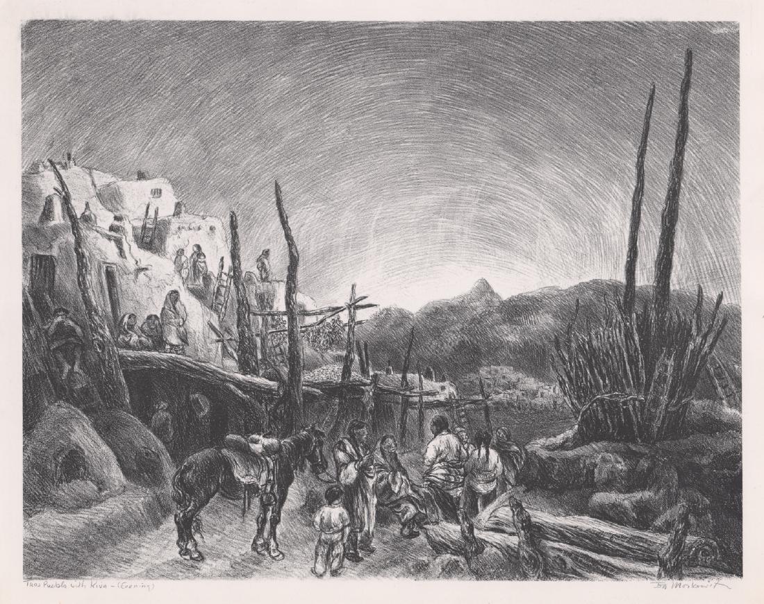 Ira Moskowitz Pencil Signed Lithograph: Ira Moskowitz (Polish/American 1912 - 2001) original lithograph. Pencil signed lower right. Title in pencil "Taos Pueblo with Kiva - (Evening)" bottom left. Image size 17-¾" x 13-¾" (45cm x 35cm), s