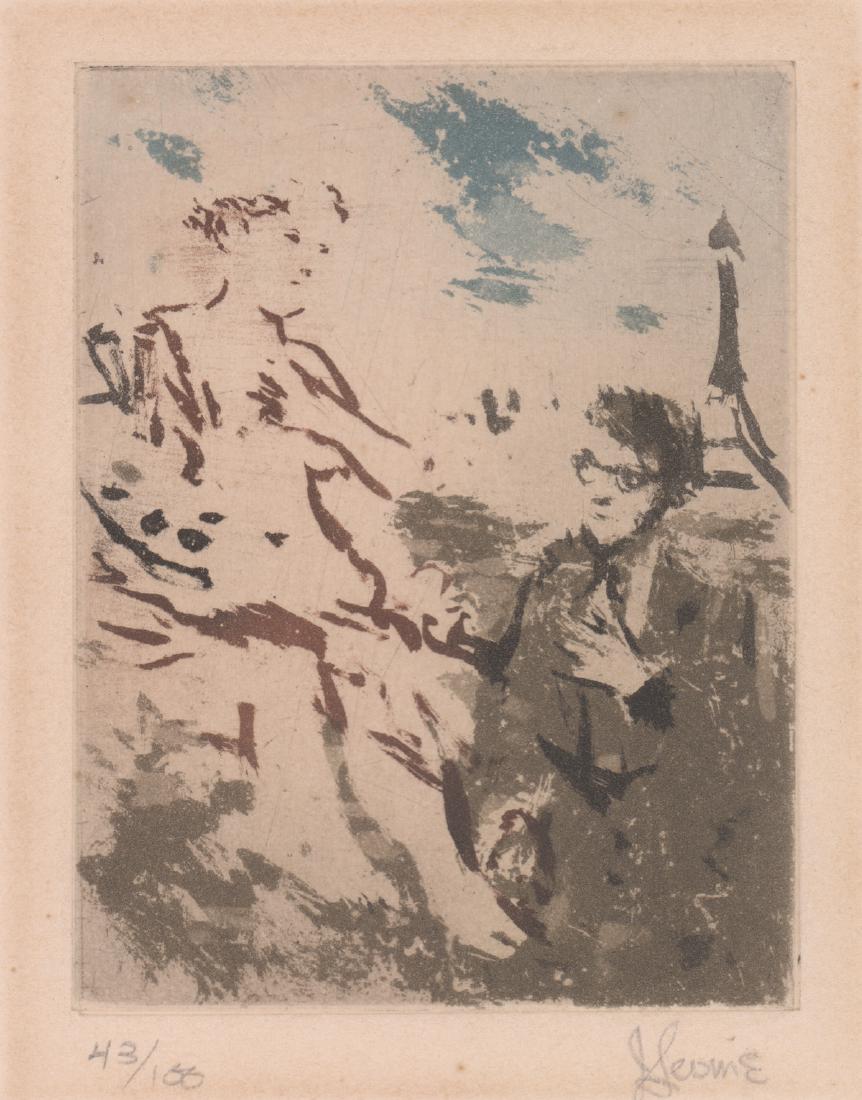 J. Leone Etching: J. Leone original etching. Signed in pencil lower right. Numbered "43/100" in lower left in pencil. Image size 3" x 4" (7-½cm x 10cm), sheet size 10" x 12-¾" (25-½cm x 32cm). Sheet is folded at the