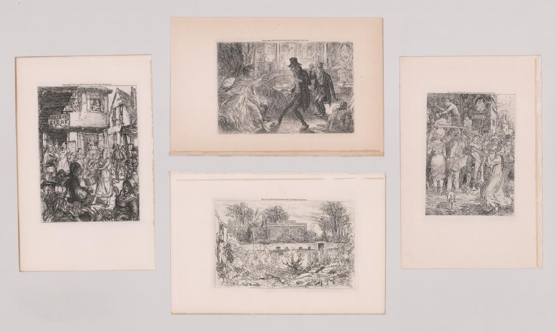 Four Original Etchings by John Sloan, Book Plates: Four Original Etchings by John Sloan (American 1871 - 1951), Book Plates with tissue covers, from The Works of Charles Paul Dekock. Captions: "The 'Lilacs,' his home at Romainville."; "When she beat t
