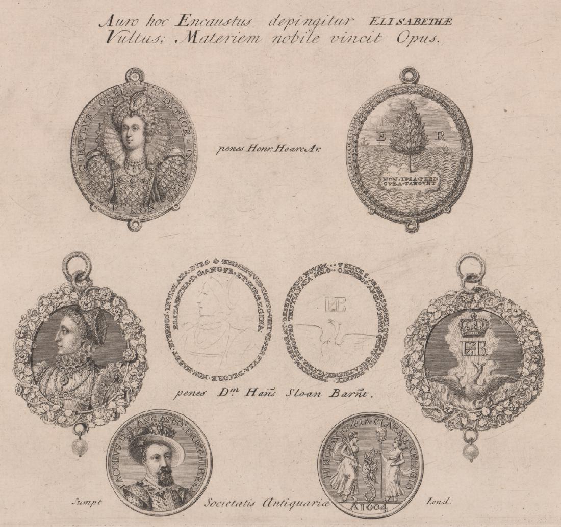 An Antique Engraving of British Medals: Print of portraits by the "Antiquarian Society" - Elizabeth Regina (Queen Elizabeth I) and others. Title top center "Auro hoc Encaustus. Depingitur elisabethae vultus; materiem nobile vincit opus". Im