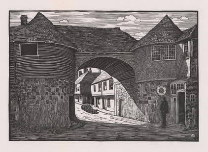 Sydney Lee Wood Engraving: Sydney Lee wood engraving. In plate lower right is "INVEN. ET. SCULP. 1901" printed in image, lower right. Just above this inside a circle are the initials "SL" for Sydney Lee. Titled the Toll Gate. I