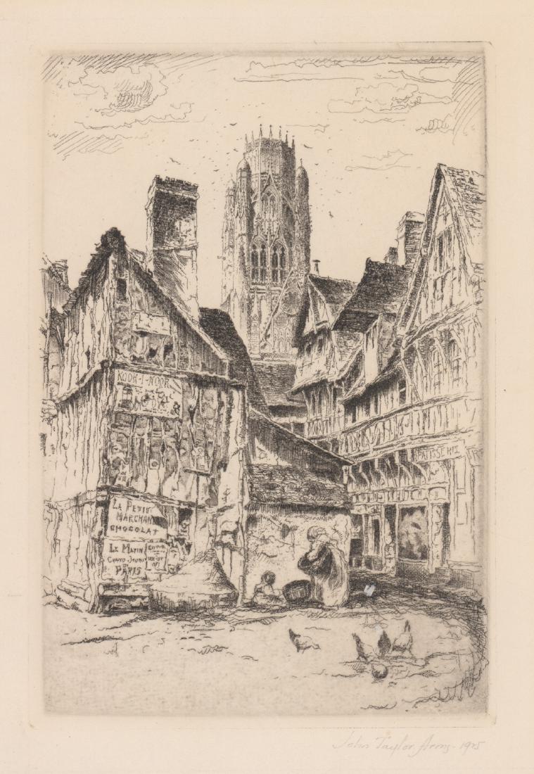 John Taylor Arms Etching: John Taylor Arms original signed etching. Signed and dated in pencil "John Taylor Arms 1925" lower right. Measures 6" x 4" plate size. Fair condition with toning over image and damage to right margin