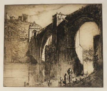 Sir Frank Brangwyn Large Etching: Sir Frank Brangwyn original signed etching. Signed in pencil lower right. Measures 20.25" x 23.75" plate size and 27" x 30.25" sheet size. Very good condition. Unframed, loose and not glued or mounted