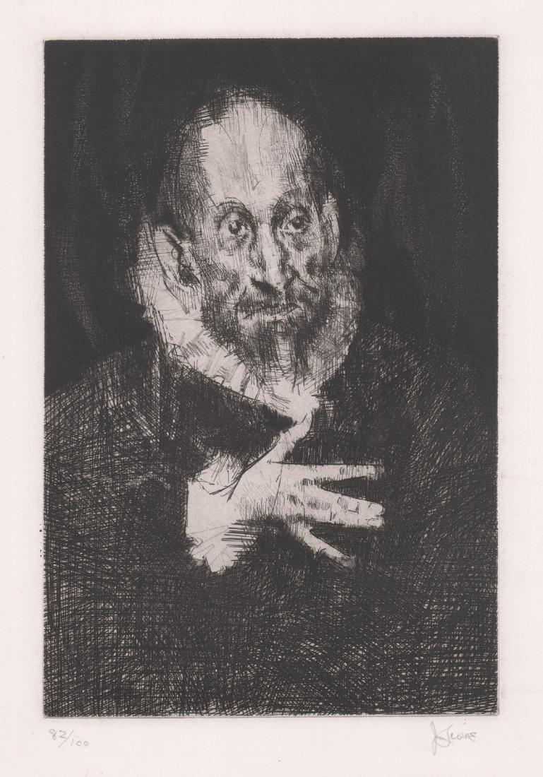 Jack Levine Etching: Jack Levine original etching. Pencil signed "J. Levine" lower right. Numbered in pencil "82/100" lower left. Measures 11.75" x 8" plate size and 19" x 13.75" sheet size. Excellent condition. Unframed,