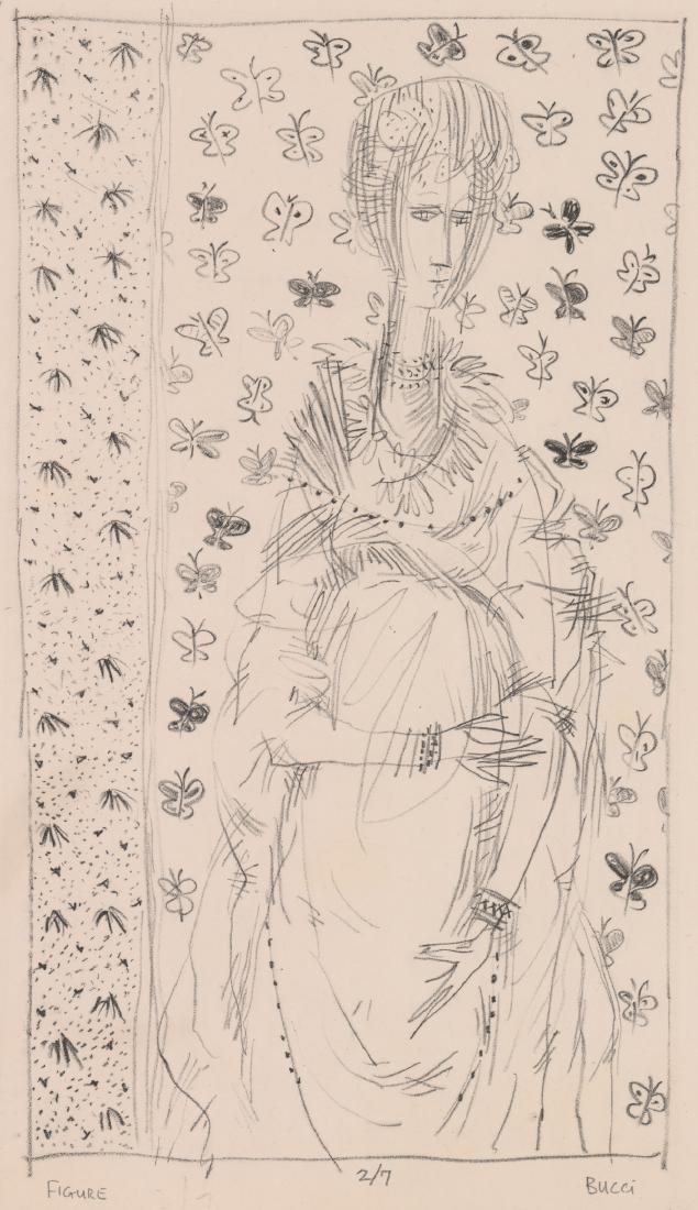 Andrew Bucci Original Lithograph: Andrew Bucci original lithograph. Pencil signed "Bucci" lower right. Title "Figure" in pencil lower left. Number "2/7" in pencil lower center. Measures 5.75" x 10-1/5", image size, 10" x 13" sheet siz