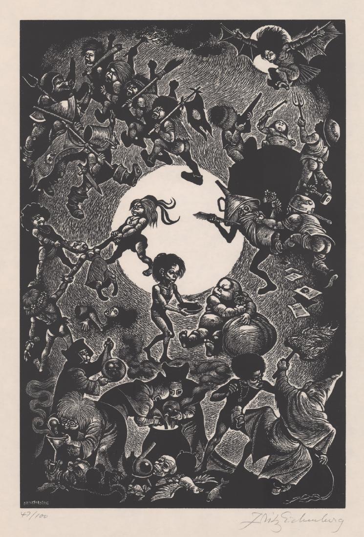 Fritz Eichenberg Original Wood Engraving: Fritz Eichenberg (German/American 1901 - 1990) original wood engraving. Signed in pencil "Fritz Eichenberg" lower right. Artist surname also printed in image lower left. Number "47/100" lower left. Me