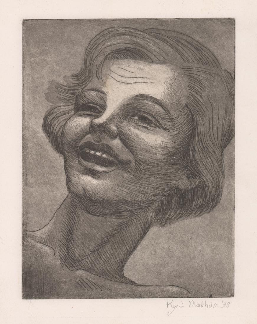 Kyra Markham Signed Etching: Kyra Markham original pencil signed etching. Signed in pencil "Kyra Markham '38" lower right. Titled "Laughing Girl" on reverse. Measures approximately 8" x 6" image size and 11.5" x 8 3/8" sheet size