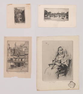 Frank & Caroline Armington Etchings: Frank and Caroline Armington group of four pencil signed original etchings. All pencil signed. Measure 2.75" x 2" to 7" x 5 3/8" image size and 4.25" x 4.25" to 9.25" x 7.5". Unframed, loose and not