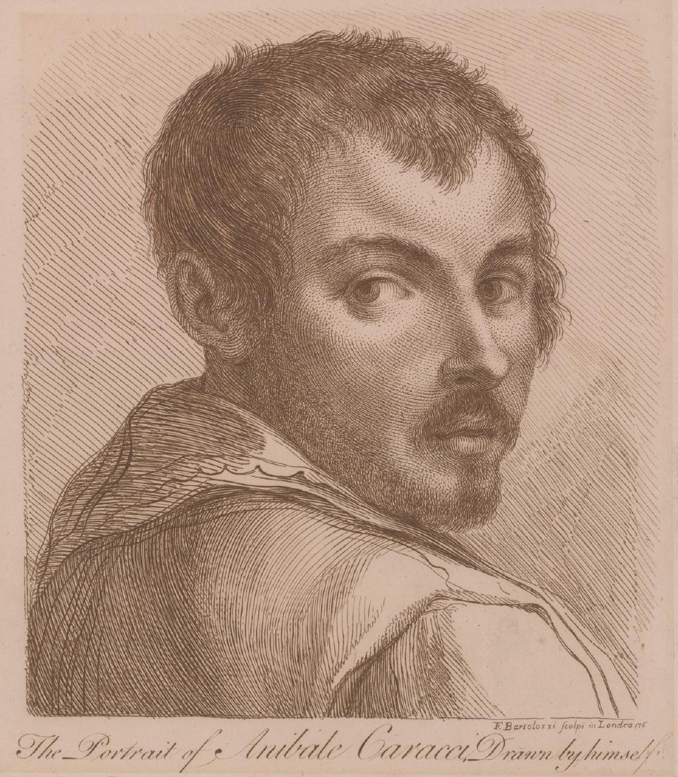 Francesco Bartolozzi (1728 - 1815) Engraving: Francesco Bartolozzi (1728 - 1815) engraving. Title "The Portrait of Anibale Garacci, Drawn by himself" printed underneath image. "F. Bartolozzi Scolpi in Londra 176" printed under image lower right.