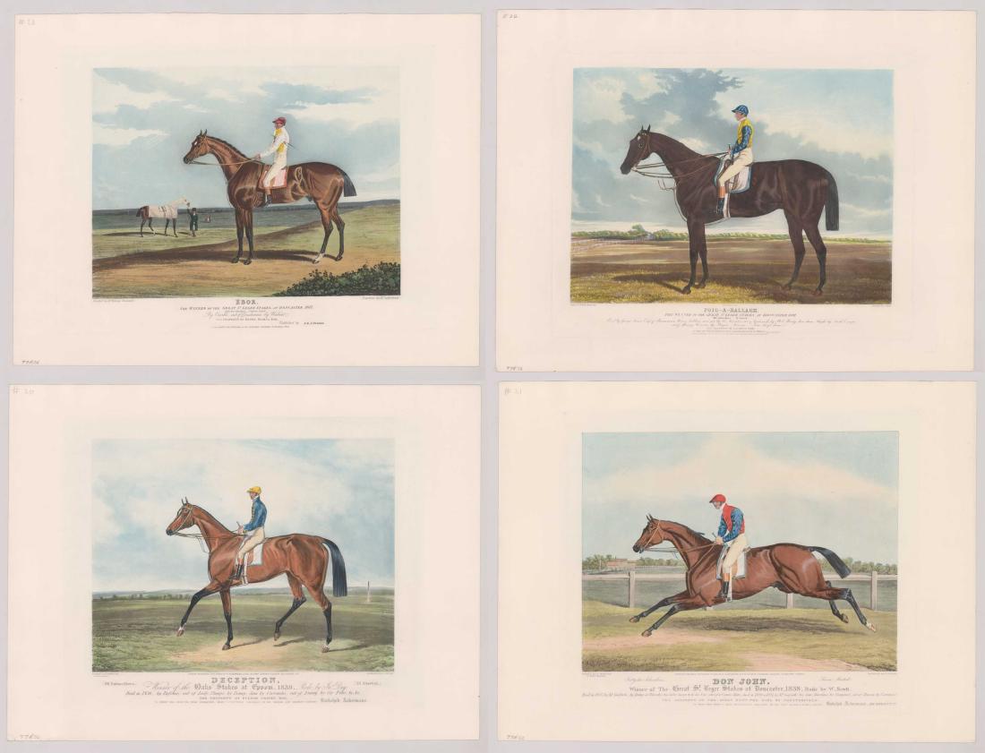After Charles Hunt Horse Racing Engravings: After Charles Hunt, group of four horse racing hand colored engravings, published by S & J Fuller (2), or R. Ackermann (2). R. Ackermann prints painted by "C. Hancock" (printed lower left) and engrave