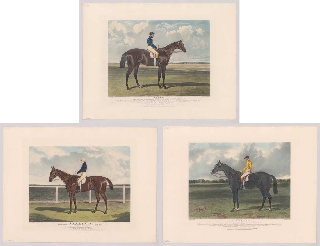 After Charles Hunt Horse Racing Engravings: After Charles Hunt, three horse racing hand colored engravings, published by S & J Fuller. All three engraved by "C. Hunt" (printed lower right). Two painted by "J. F. Harring" (printed lower left) an