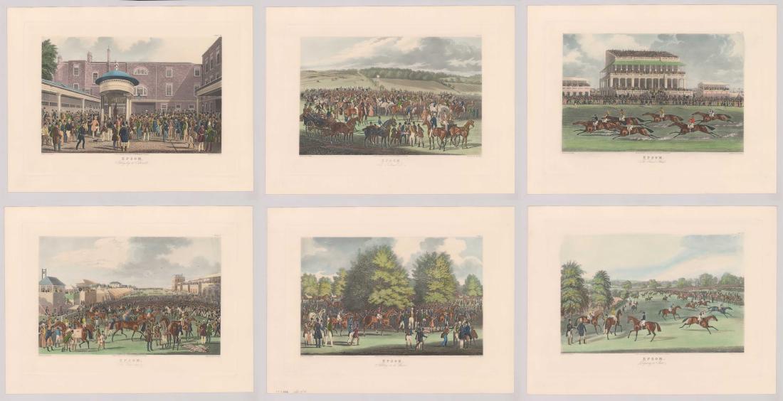 After Charles Hunt Horse Racing Colored Engravings: After Charles Hunt group of hand colored engravings, six Epsom Downs horse racing engravings published by Ackermann & Co (printed lower center). All painted by "J. Pollard" (printed lower left) and en