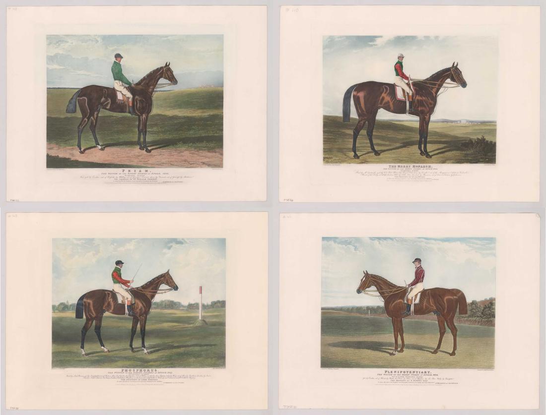Four Epsom Downs Champion Horse Racing Engravings: After Charles Hunt, Smart & Hunt and R.G Reeve hand colored engravings. All are 20th century restrikes from the original plates and in Ex+/Near Mint condition. Four Epsom Downs Derby Stakes Champion h