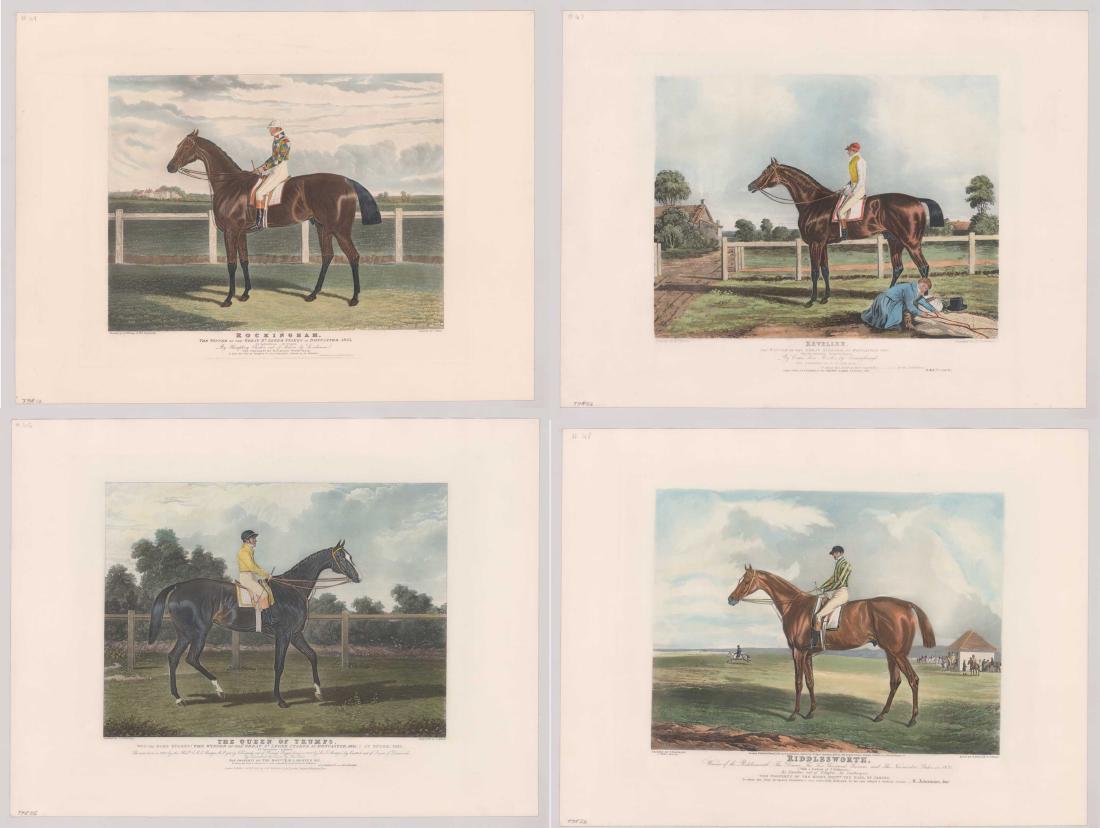 Four Champion Horse Racing Engravings: After Charles Hunt, M. Sutherland and E. Duncan & J.Webb hand colored engravings. All are 20th century restrikes from original plates and in Ex+/Near Mint condition. Four Champion horse prints, 3 publ