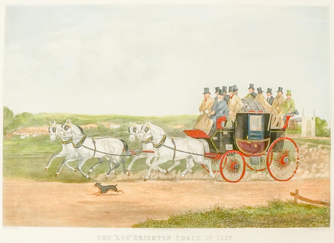 After W.J. Shayer & Charles Hunt Engraving: After W.J. Shayer & Charles Nunt vintage hand colored engraving. Fores's Print by Shayer & Hunt. A 20th century restrike presumably from the original plates. Titled "The 'Age' Brighton Coach in 1852"