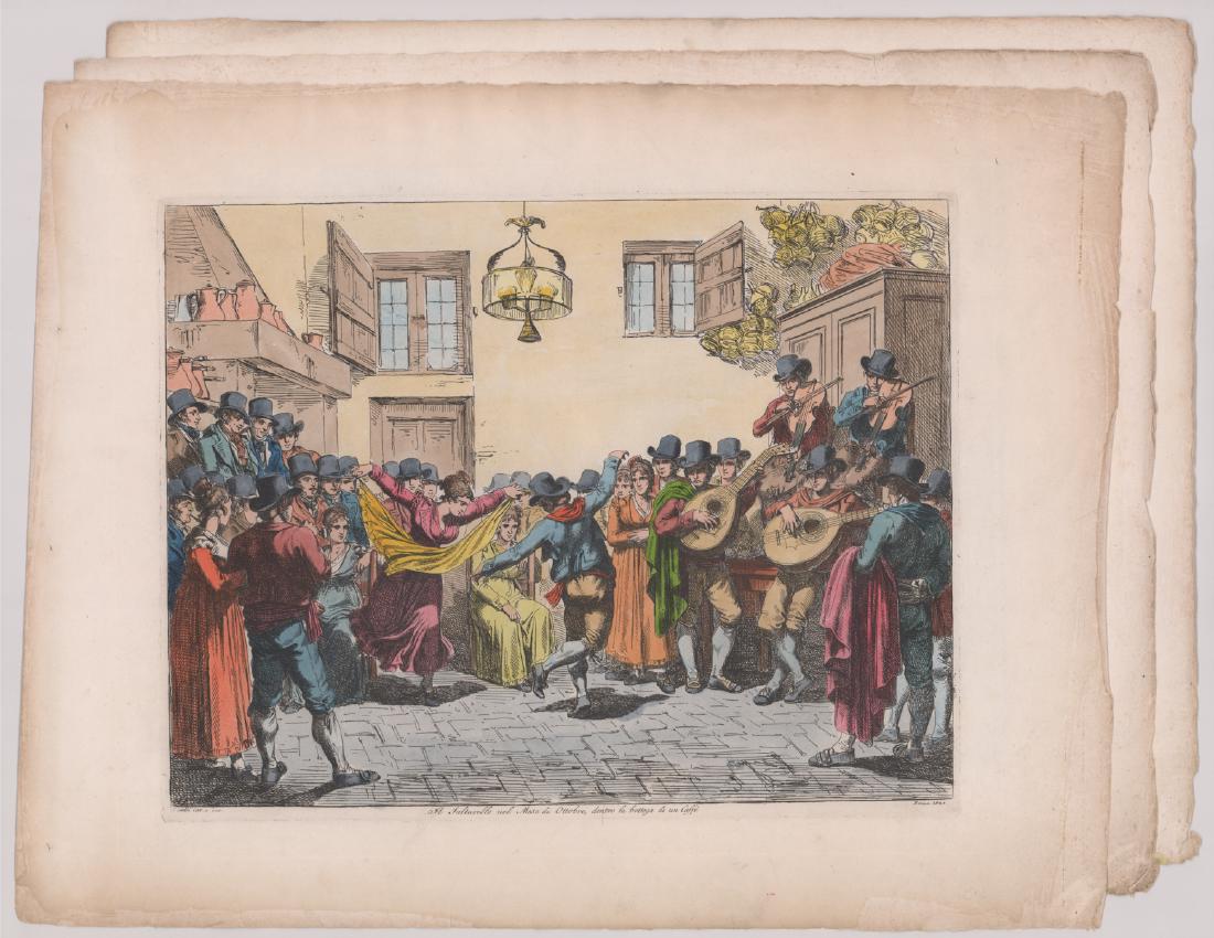 Bartolomeo Pinelli (1781 - 1835) Etchings: Group of 3 Pinelli hand colored etchings. Two dated 1821 and have "Pinelli inv e inc" stamped lower left. Titles are "La Canofiena, Costumi di Roma" and "Il Saltarello nel Mese di Ottobre, dentro la b