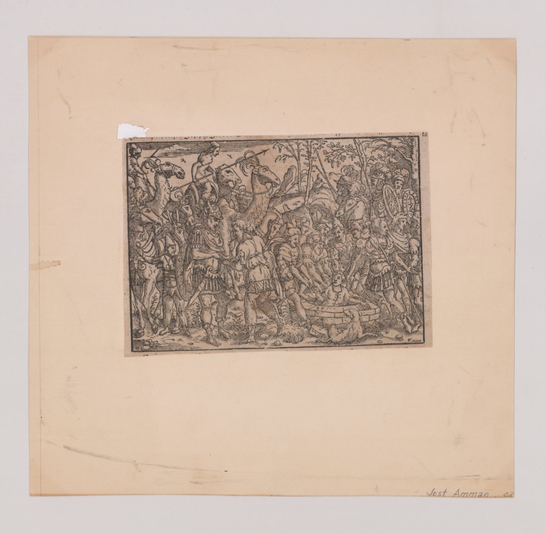 Jost Amman Attributed Print: Jost Amman (Swiss 1539 - 1591) attributed print from unknown book. Artist's name written in pencil at bottom right of sheet. Measures 6.5" x 4.5" (16.5cm x 11.5cm) image size. All are hinge mounted at