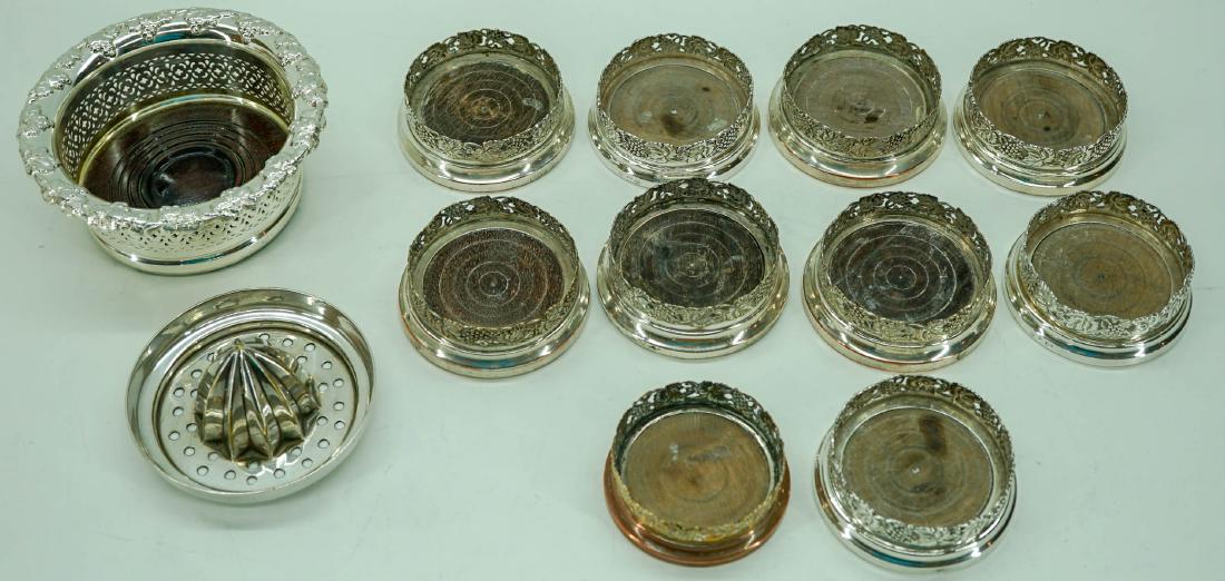 Old Silver Plate Wine Coaster and Barware: Group of old silver plate with coasters and more. We ship most items in this auction in house and gladly combine shipping if possible of multiple items.
