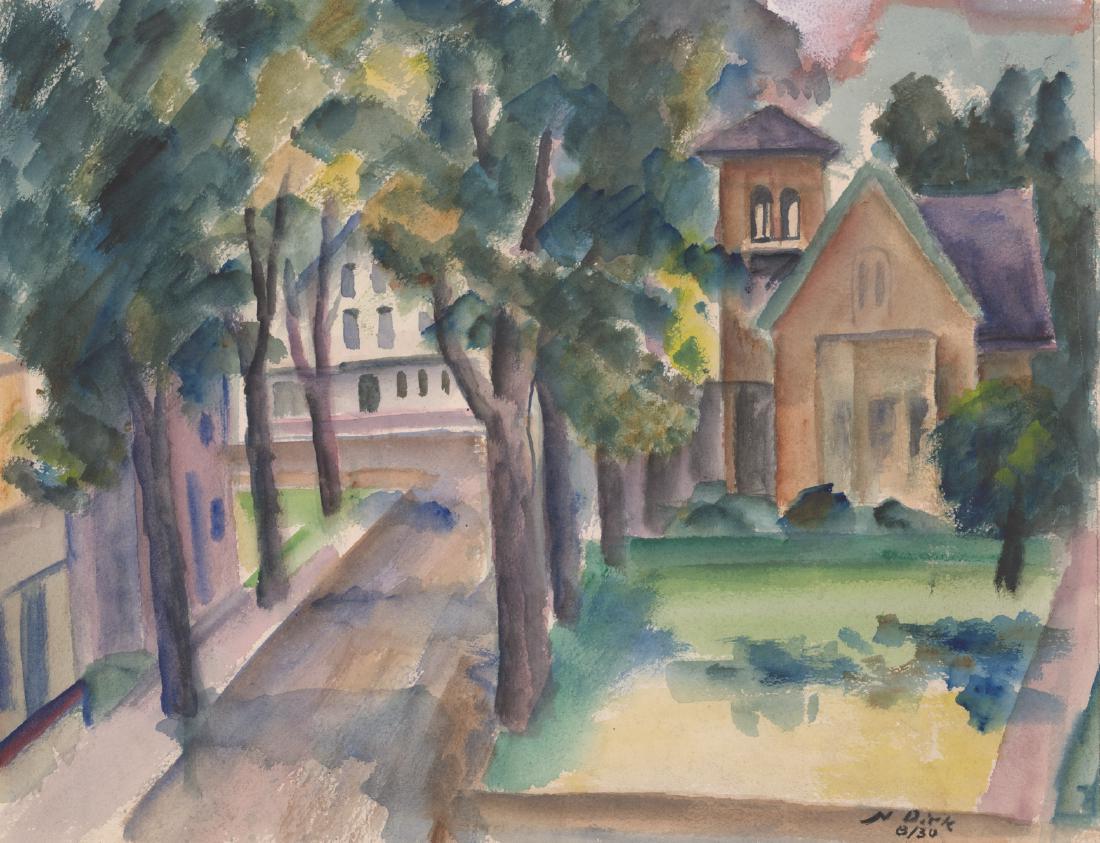 Nathaniel Dirk Watercolor: Nathaniel Dirk (American, 1895 - 1961) watercolor. Signed "N Dirk 8/30" lower right. Measures 15" x 20" sheet size. Unframed, loose and not glued or mounted. Provenance: Amity Art Foundation, Inc. col