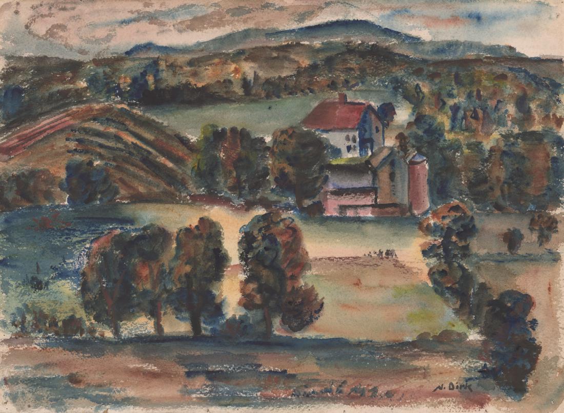 Nathaniel Dirk Original Watercolor WPA Era: Nathaniel Dirk (American, 1895 - 1961) original signed watercolor WPA era. Signed "N. Dirk" lower right. Measures 11.5" x 15.5" sheet size. Unframed, loose and not glued or mounted. Provenance: Amity 