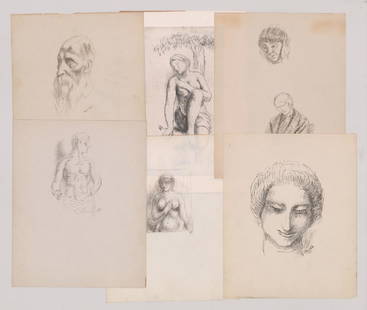 Five Kenneth Miller Original Drawings & Studies: Six Kenneth Hayes Miller (American 1876 - 1952) original drawings and studies. All are signed lower right. Artist's initials or name in lower right of all. Five measure 8" x 10.25" sheet size, one mea