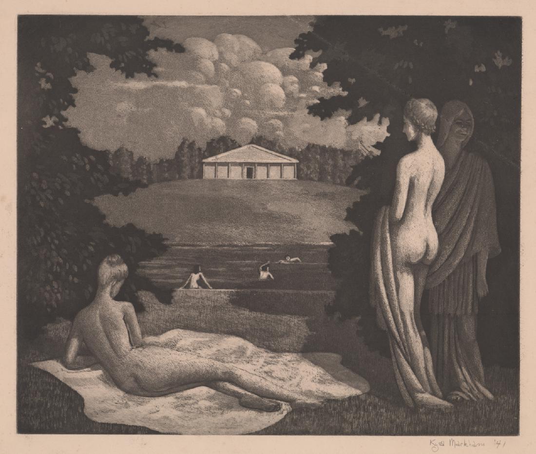 Kyra Markham Signed Aquatint: Kyra Markham (American 1891 - 1967) signed aquatint. Pencil signed and dated "Kyra Markham '41" lower right. Stated an edition of 50 on verso. Measures 11-7/8" x 9-7/ 8" image size, 14.5" x 11.5" shee