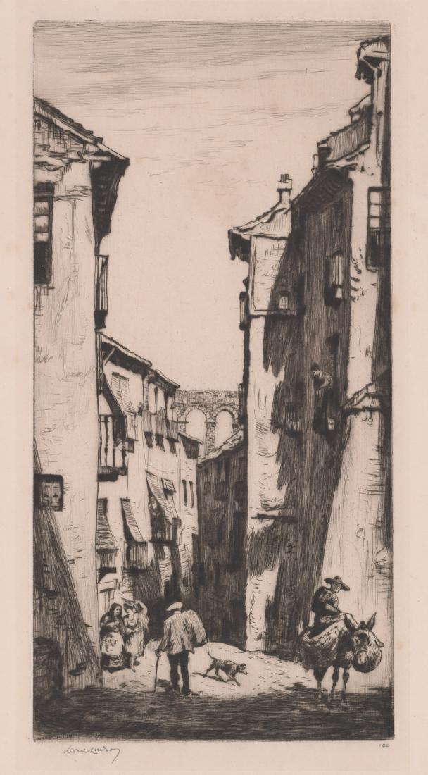 Sir Lionel Lindsay Signed Etching: Sir Lionel Lindsay pencil signed etching. Titled in pencil " The Street of the Aqueduct, Segovia" lower center. Numbered "100" in pencil lower right. Measures 10.5" x 5.25" image size and 13.25" x 8" 