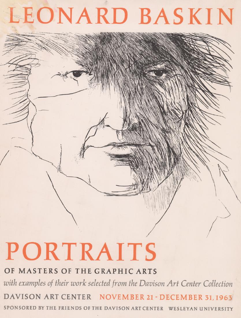 Leonard Baskin Exhibition Poster 1963: Leonard Baskin Exhibition Poster 1963. Measures 16" x 12" sheet size. Good condition with stains top left corner. Unframed, loose and not glued or mounted. Provenance: Amity Art Foundation, Inc. colle