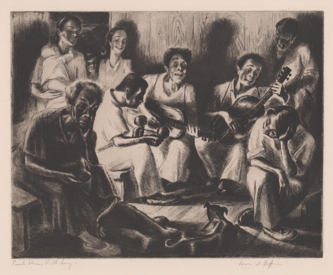 Irwin D. Hoffman Signed Etching: Irwin D. Hoffman (American, 1901 - 1989) original pencil signed etching. Pencil signed "Irwin D. Hoffman" lower right. Titled in pencil " Puerto Rican Folk Song" lower left. Measures 11" x 13.75" imag