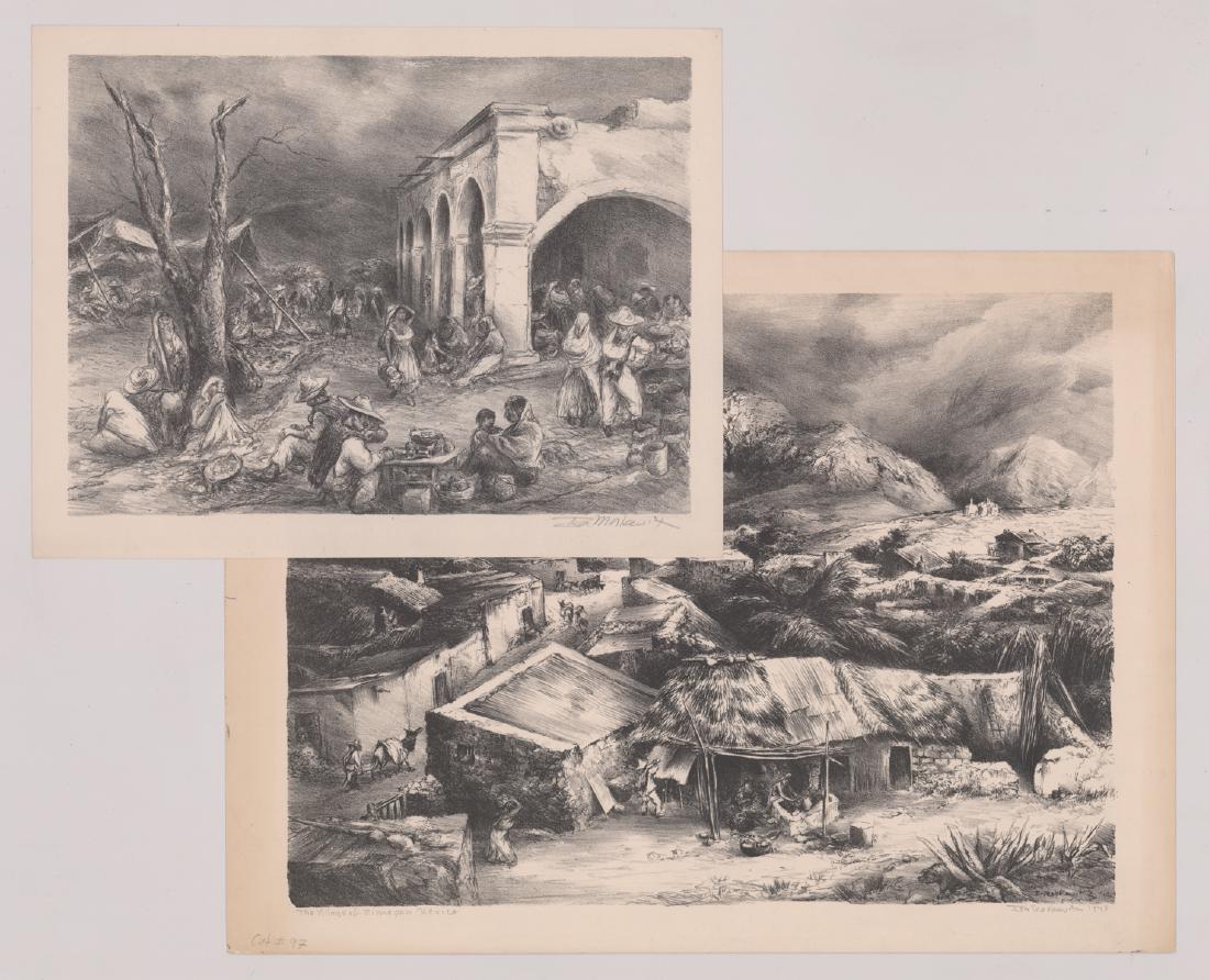 Ira Moskowitz (2) Signed Lithographs: Ira Moskowitz (Polish-American, 1912 - 2001) group of two pencil signed lithographs. 1) Pencil signed "Ira Moskowitz 1940" lower right. Titled " The Village of Zimapan Mexico" lower left. Measures 11.