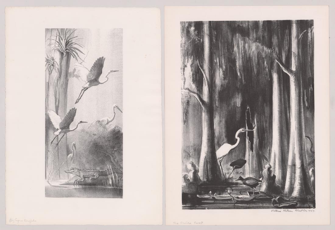 Victoria Hutson Huntley (2) Lithographs: Victoria Hutson Huntley (American, 1900 - 1971) group of two lithographs. One pencil signed. One unsigned. 1) Pencil signed "Victoria Hutson Huntley 1949" lower right. Titled "The Florida Forest" lowe