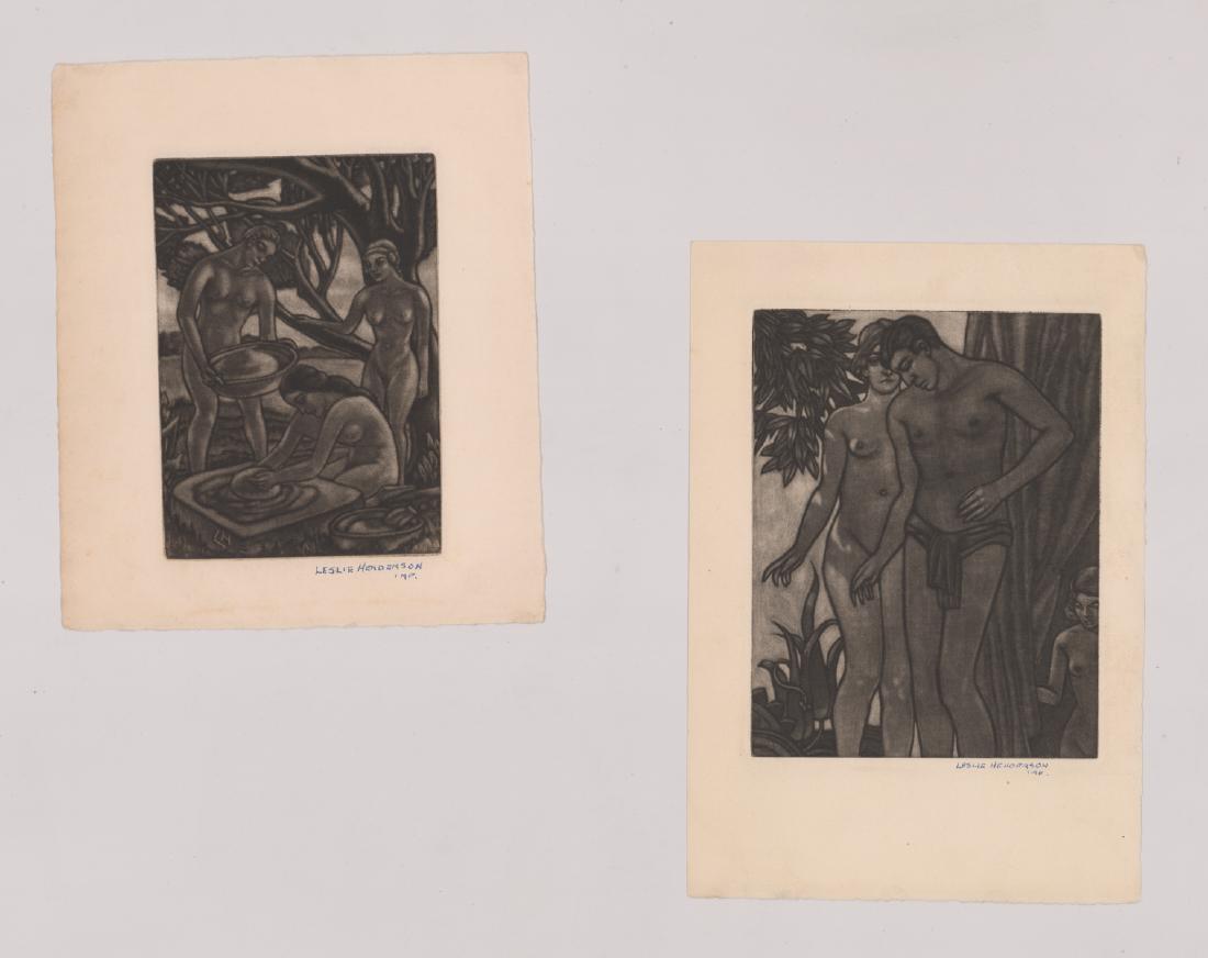Leslie Henderson Mezzotints (2): Group of two Leslie Henderson mezzotints. Both signed lower right. Measure 9" -11.75" x 7" - 9.25". Larger has n angular crease top right across image. Unframed, loose and not glued or mounted. Proven